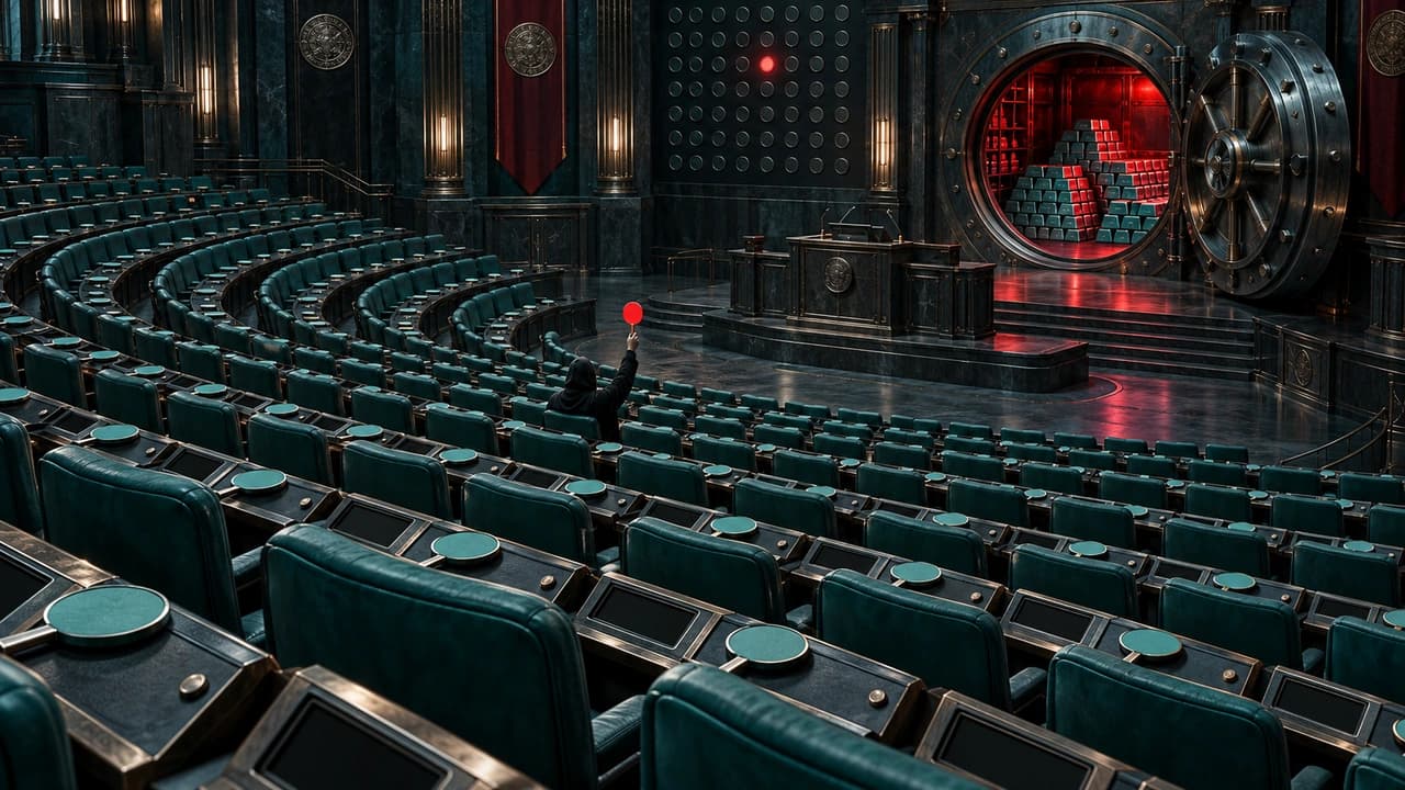 A tiered voting chamber of empty teal seats seen from above at an angle, one hooded figure raising the only red paddle, and an open vault door behind the unattended dais spilling red light over teal ingots.