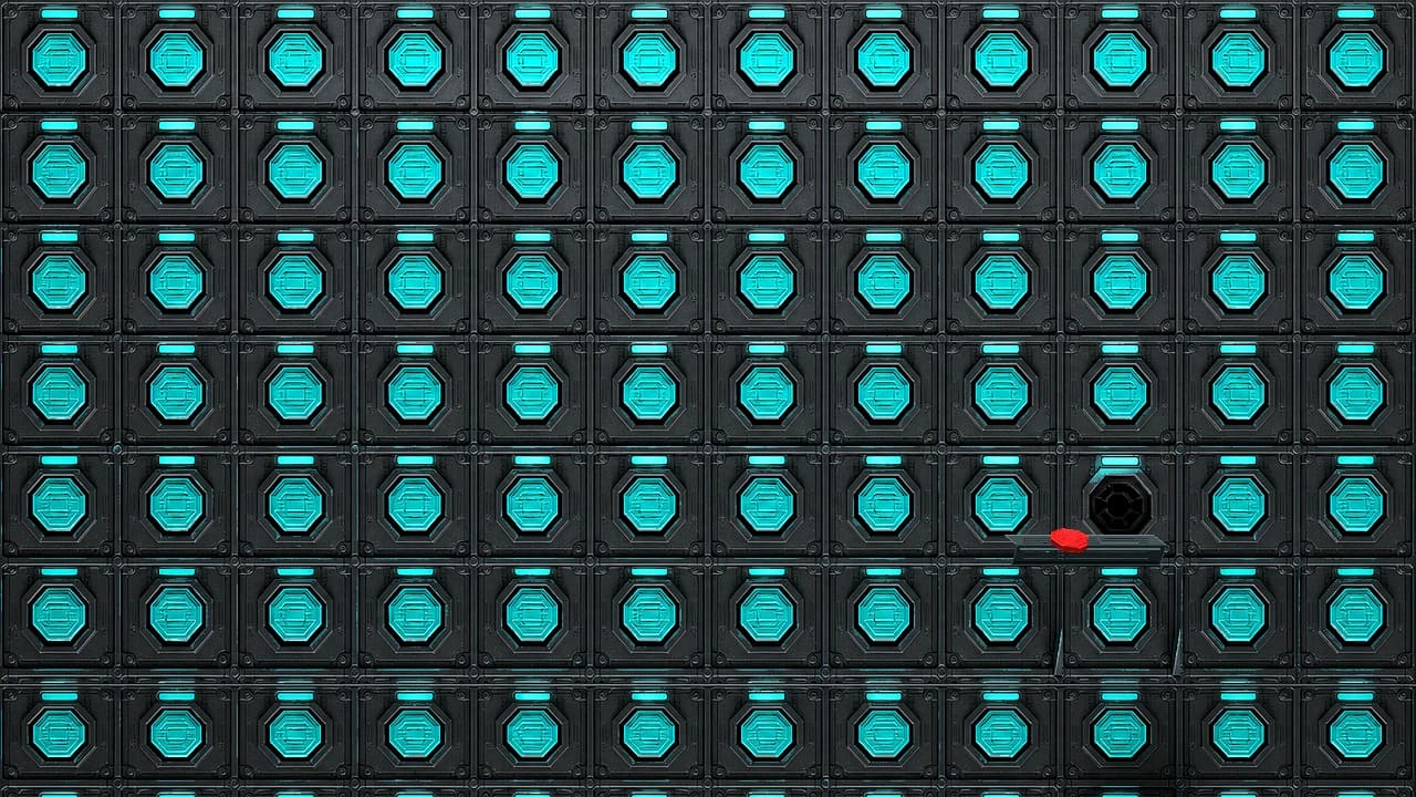 A dense wall of identical machined steel verification bays, each holding a teal credential token in a keyed socket below a lit teal indicator lamp. One bay's socket is a dark empty recess while its lamp still burns the same bright teal as its neighbours, and a red duplicate of the token lies askew on a shelf to its lower left.