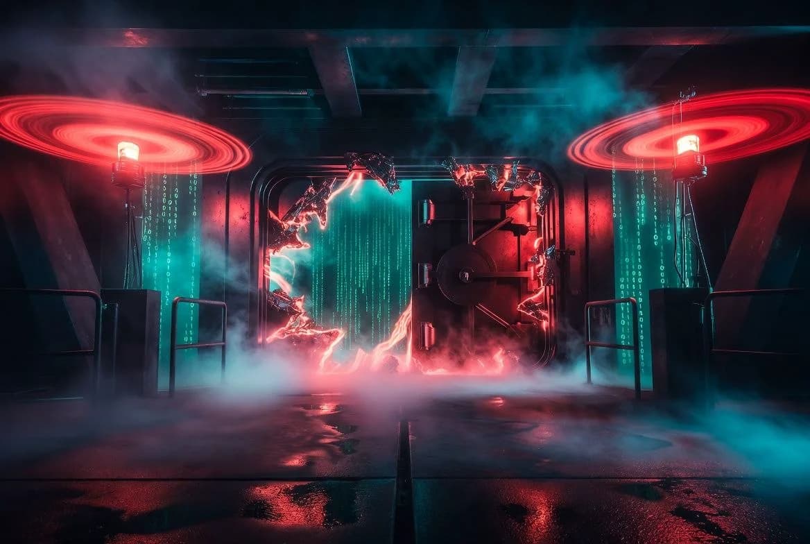 Breached cyberpunk vault door with a single compromised lock — the 1-of-1 LayerZero DVN that let $292M leave Kelp DAO