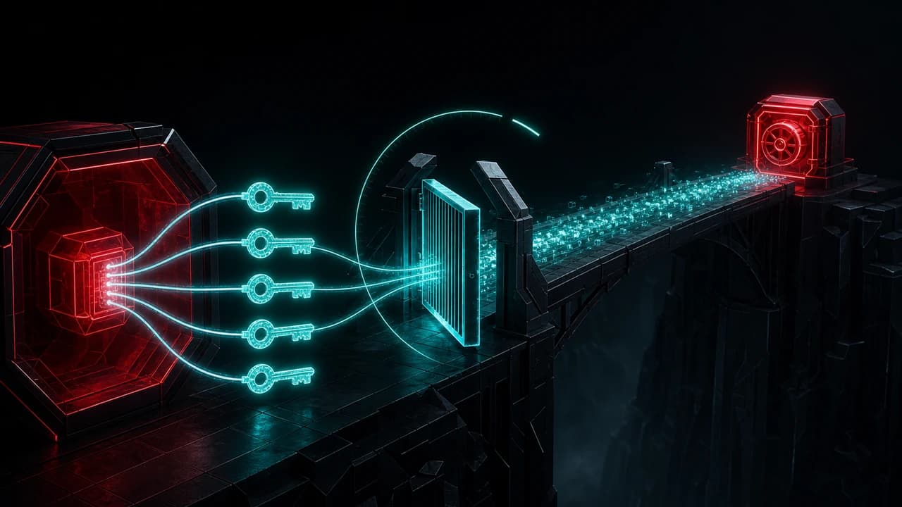 Five identical validator signature keys emerging from a single compromised red enclosure, together opening a bridge gate as teal value drains across the span into one dark vault