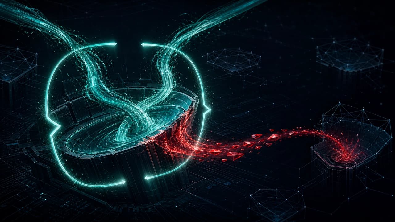 Abstract illustration of a flash loan pool manipulation: two teal stablecoin streams share one tilted basin while a looping bright pulse skews their balance and red value drains across a dark gap to a distant chain node, over dark circuitry.