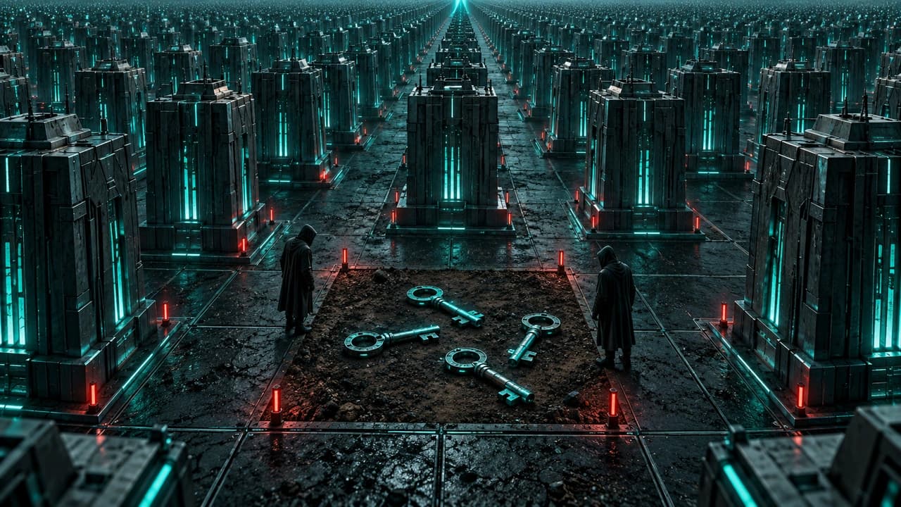 Dark perspective grid of identical teal towers on building plots, with one bare plot in the foreground holding four teal keys on red-staked ground and two hooded figures closing in from opposite sides