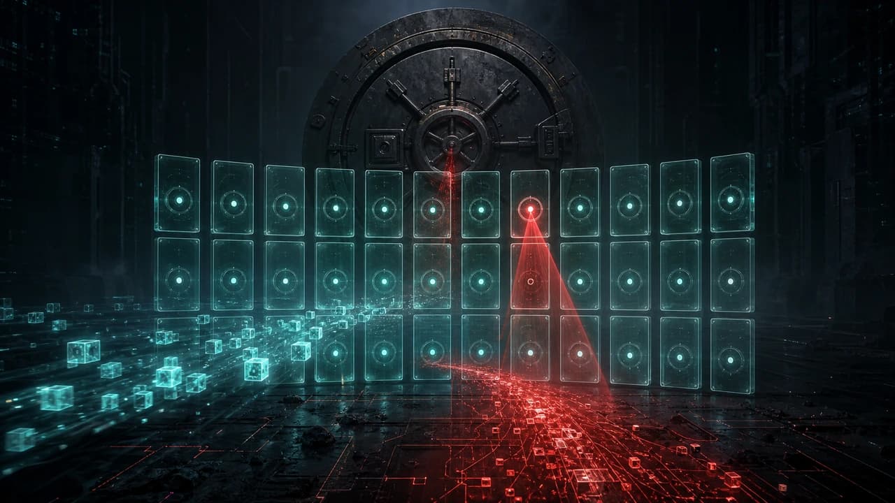 A deprecated on-chain vault whose guard inspects only one of thirty-two settlement slots, with forged teal deposit blocks slipping through the unverified gap while a single red slot drains assets from the sealed pool.
