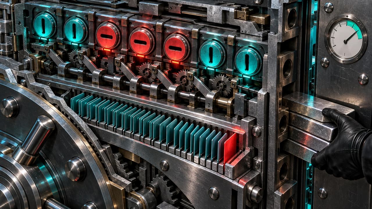Cutaway of a dark vault door showing seven key cylinders, three turned red and four teal, retracted bolts, a rack of teal allowlist cards with one new red card, and a gloved hand sliding ingots out through the open gap