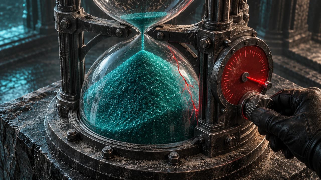 A dusty gunmetal hourglass with a tall heap of teal sand in its lower bulb, while a gloved hand twists a red rate dial bolted to its frame, the needle pinned at maximum