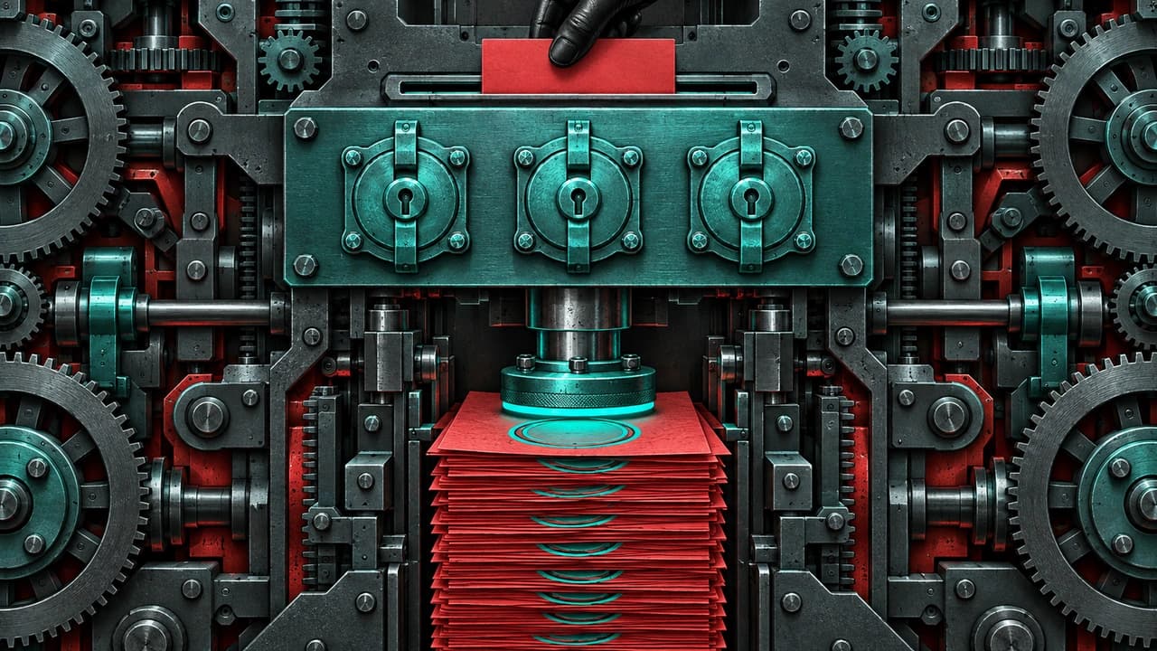 Cross-section of a machined signing device: a sealed teal key chamber with intact locks, a red card pushed into the intake slot above it by a gloved hand, and a press stamping a stack of red slips below