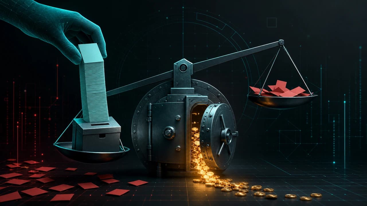An oversized hand drops a stack of votes that outweighs a scattered crowd on a tipping scale, swinging open a treasury vault as coins stream out.