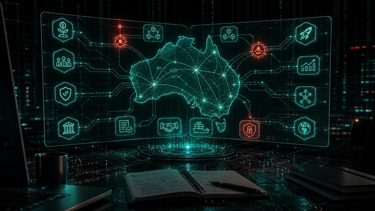 Dark founder desk with a glowing digital field guide for Australia's startup ecosystem