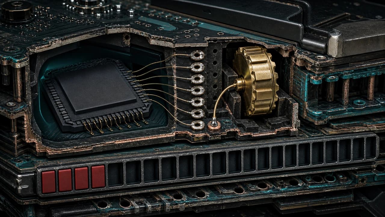 Cutaway cross-section of a hardware wallet board: the hardware random number generator die sits dark with its bond wires ending at bare pads, while a small brass counter wheel is wired into its place and the seed register beside it stays mostly empty.