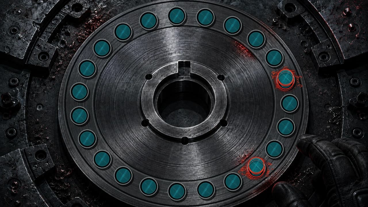 Dark abstract top-down render of a machined rotor disc ringed with twenty-three milled seating pockets, twenty-one holding a single flush teal disc while two pockets four positions apart each hold a doubled stack standing proud under hard red light, a cropped gloved hand entering at the lower right