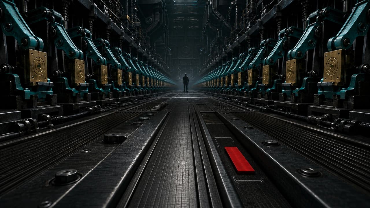 Dark abstract illustration of a machined inspection hall receding into depth, twenty-eight identical teal verification armatures clamped on brass tally plates in ranked bays, with a small red slip in a foreground guide channel whose retaining notch was never cut
