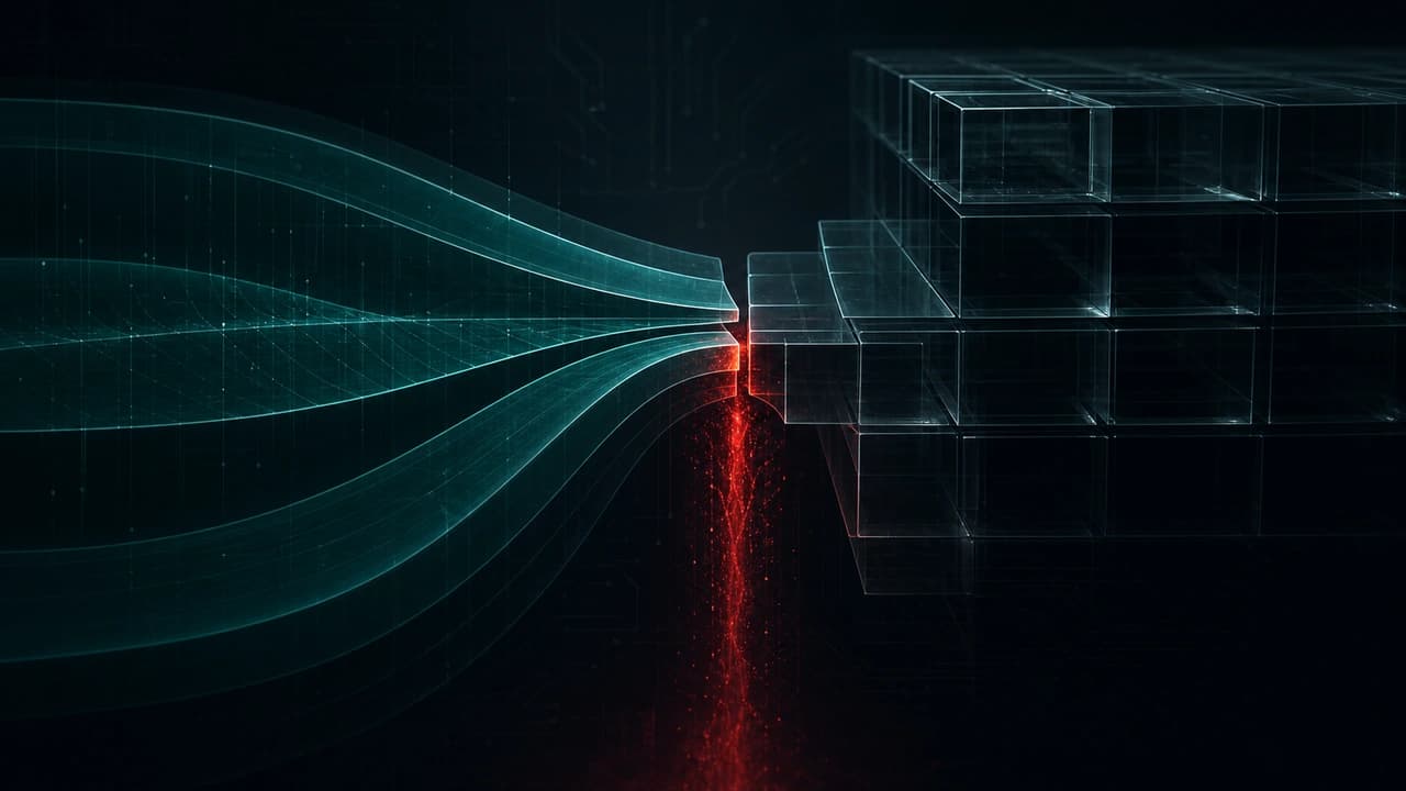 Abstract illustration of a lending exploit: teal concentrated-liquidity bands meet a translucent vault of stacked cells, and red value drains through the misaligned seam where the two accounting systems meet, over dark circuitry.