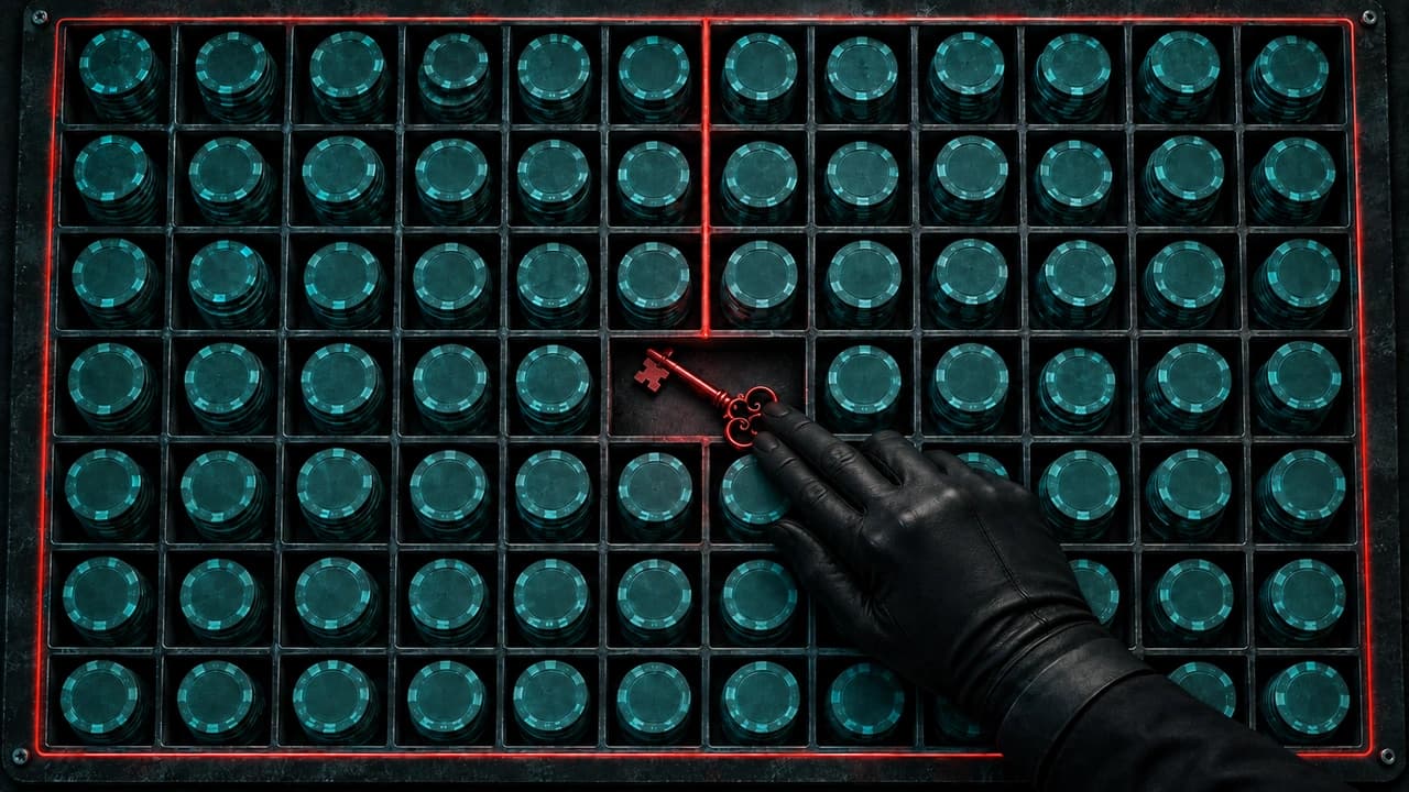 Top-down view of a casino cashier's tray: a grid of compartments filled with teal chip stacks, one center compartment holding a red key under a gloved fingertip, and a thin red line running from it around the whole tray's edge