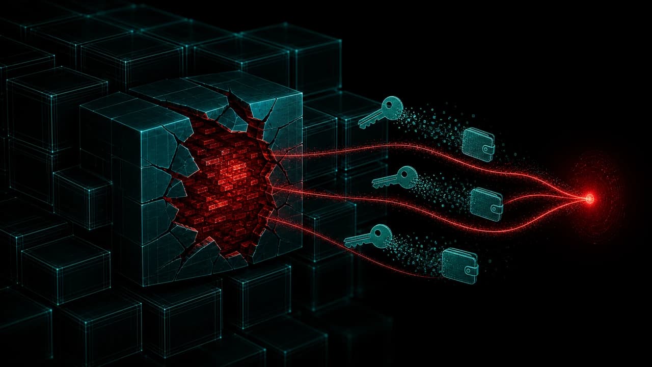A teal wireframe repository lattice with one cracked block exposing a dense red core, splitting into three red filaments that converge on a single pulsing red node