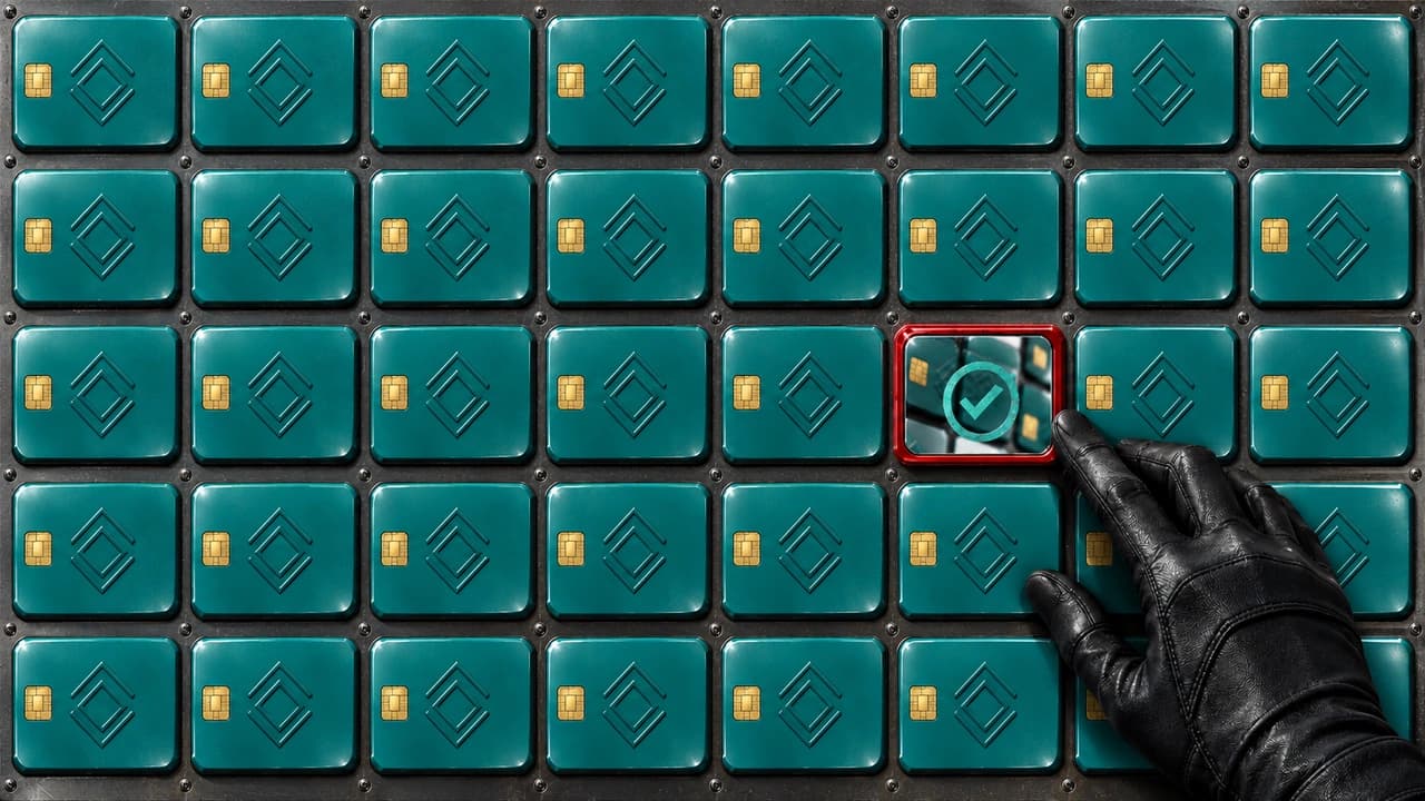 Top-down view of a steel desk tiled with identical teal access badges, where one slot holds a red-framed mirror reflecting the badges and bearing a teal approval stamp, as a gloved hand slides it into place
