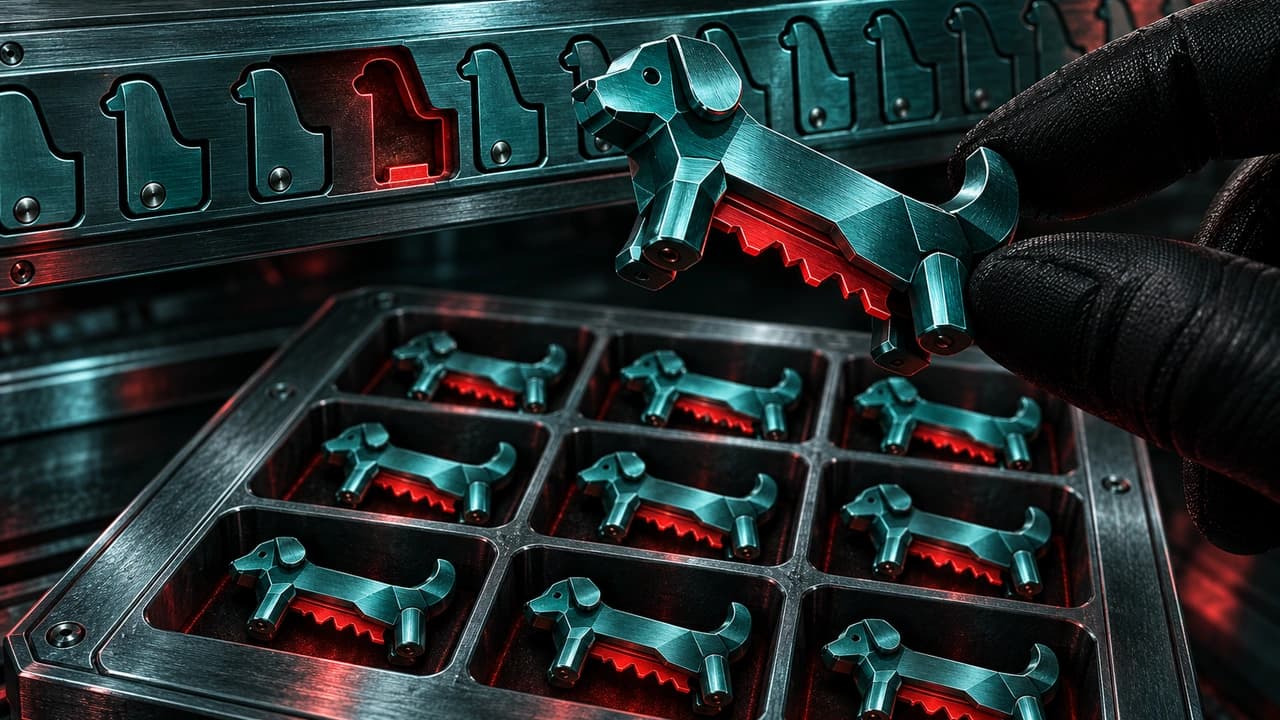Dark oblique still-life of gloved fingertips lowering a machined teal animal figurine into a rail of bookmark tabs, red key teeth cut into the figurine's underside, a tray of identical figurines below