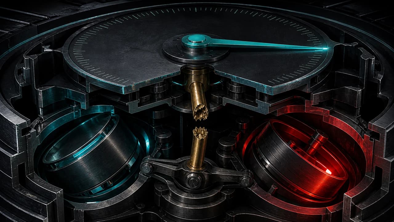 Cutaway of a price gauge: a teal needle frozen against a tick mark, disconnected by a severed brass rod from two tilted reserve chambers below, one glowing red