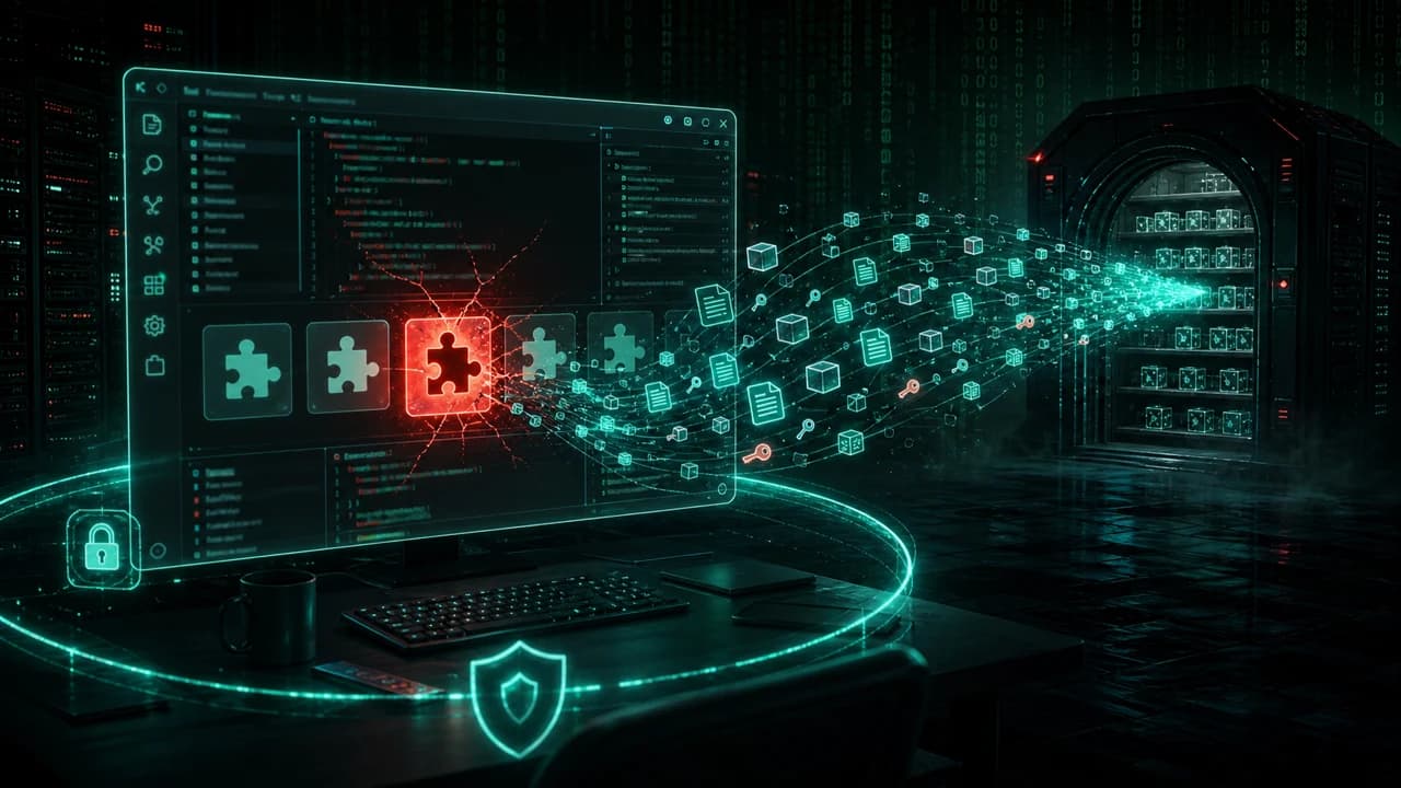 Poisoned developer IDE extension exfiltrating internal repositories and secrets into an external archive vault