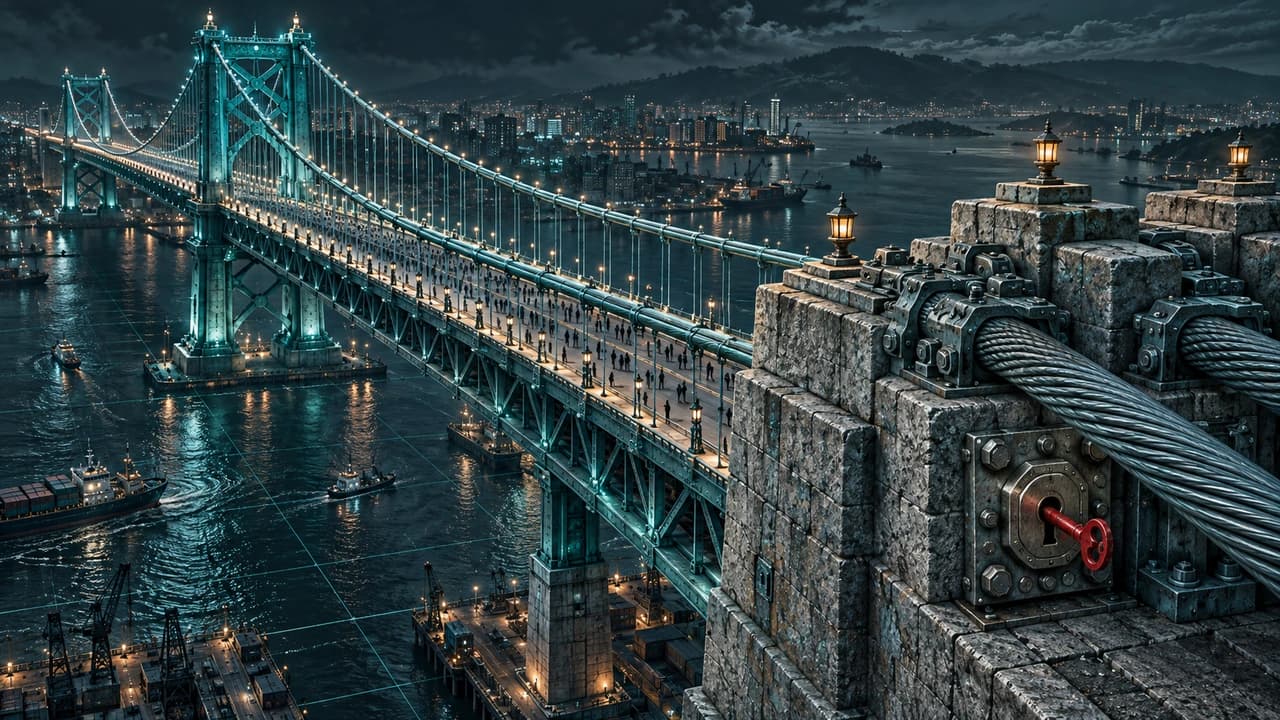 A teal suspension bridge seen from a raised angle with a crowd of tiny figures on its deck, its main cables bolted into a stone anchorage where one small red key sits half turned in a lock plate