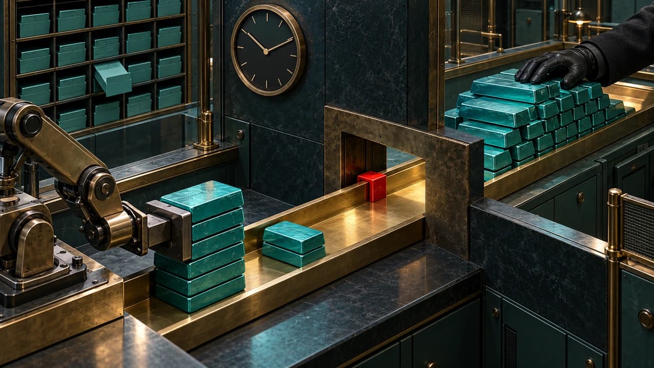 A dark clearing counter in perspective: a brass tray runs through a dividing wall, a mechanical arm pushes teal ingots in, and most of them land on the far side beside a red marker under a gloved hand
