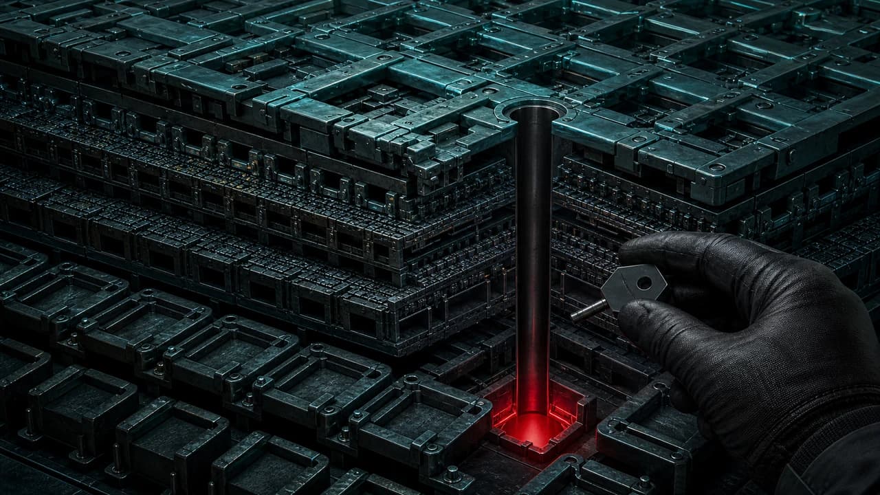 Dark abstract cutaway of layered machined strata seen from a raised corner, a clean bored shaft passing untouched through a reinforced teal shutter lattice at the top and ending at a single red-lit cell with a missing retaining bracket deep in the oldest layer, a cropped gloved hand entering at the lower right
