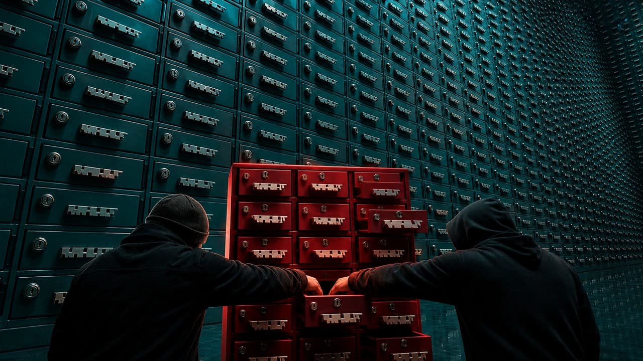 Cross-lit dark scene: an enormous teal wall of key drawers recedes into depth, each with a lock and a milled notch tab, while a small red cabinet in the foreground holds only a few dozen drawers bearing the same tabs, pulled open, with two back-turned figures reaching into the same one.