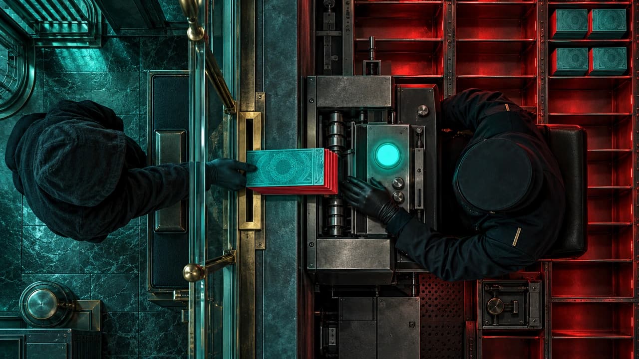 Top-down isometric bank booth: a hooded figure slides teal banknotes with red-glowing edges through a counter slot to a gloved teller whose counting machine shows a teal approval lamp, while the vault shelves behind stand mostly bare under red light