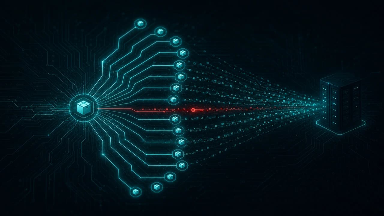 Abstract teal circuit board where one npm package node fans out into eighteen child nodes, with a single red corrupted trace smuggling a key-shaped glyph through a stream of benign teal telemetry packets toward a distant server