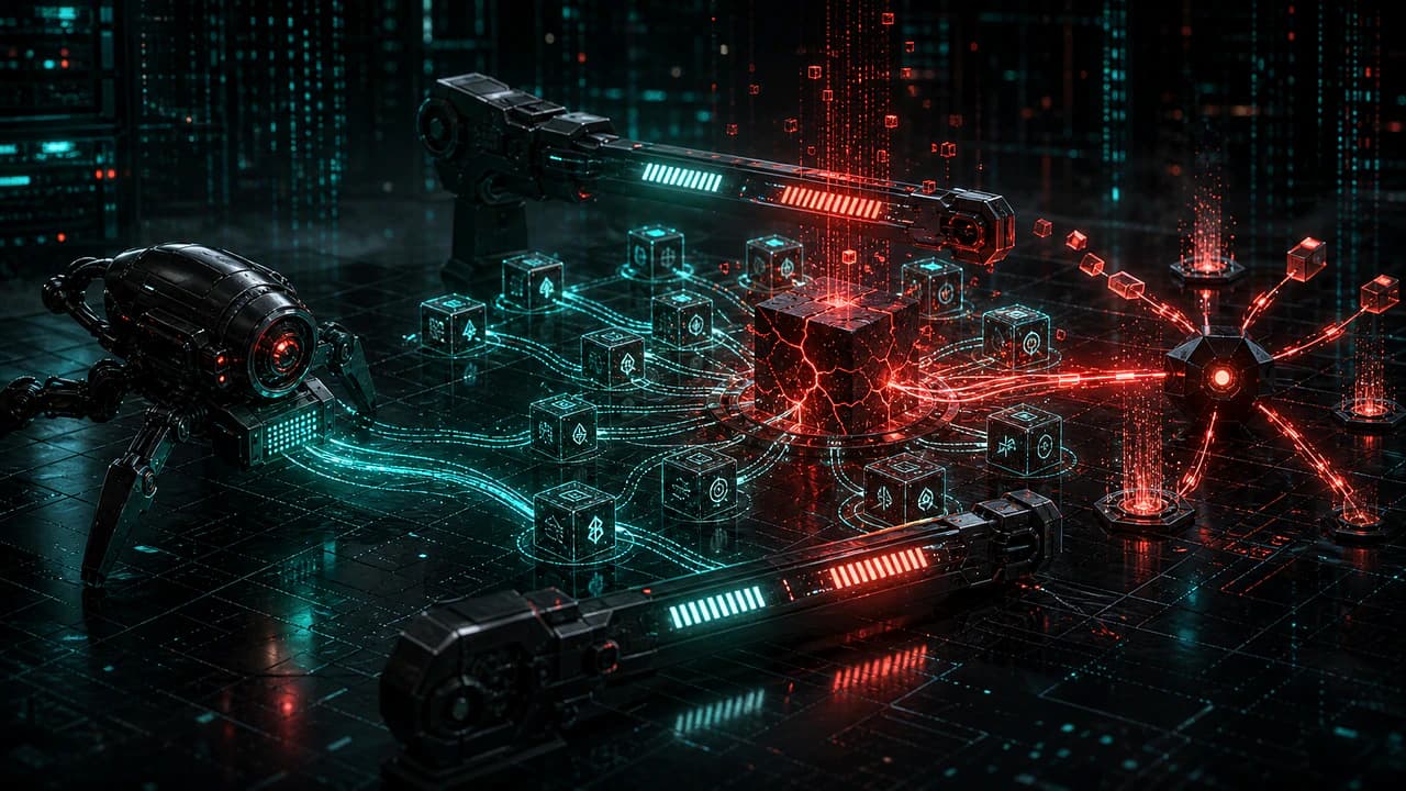 Autonomous MEV bot following teal approval streams into a red honeypot trap of counterfeit token contracts as an attacker coordinator sweeps funds