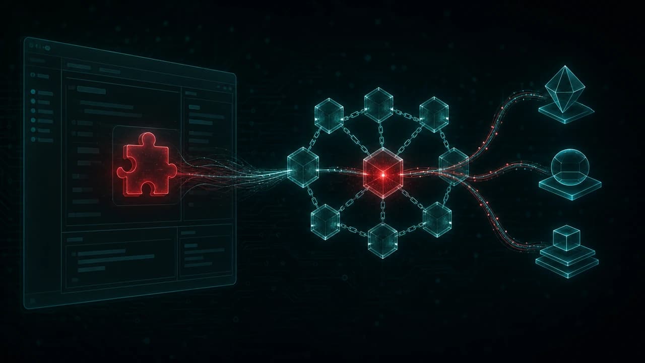 A counterfeit code-editor plugin icon glowing red, its data filaments feeding a chain of teal hexagonal blocks with one attacker-controlled node pulsing red, branching to three compromised endpoints