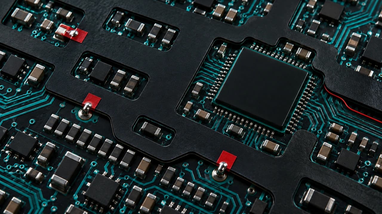 Extreme close-up of a hardware wallet circuit board with an intact teal secure-element chip, a black flex film cut to fit around the board's parts, red solder tabs and a hairline red wire escaping from under the film