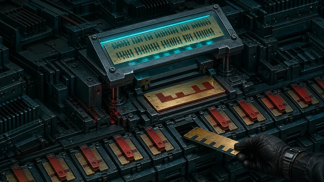 Dark isometric illustration of a signing machine seen from a raised corner: ranks of interlock stations with red locking bars and one empty socket, a teal engraved notch-plate lit under glass on a reading stand, a different red-inked notch-plate clamped in the press bed directly below it, and a cropped gloved hand sliding a second brass plate into the open station