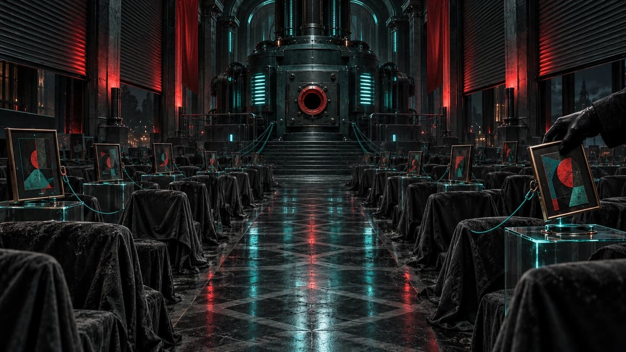 A dark, closed auction hall seen down its aisle, dust-sheeted chairs and lit display plinths tethered by teal cords to a riveted machine whose control panel has a red-rimmed socket with no shutoff lever, while a gloved hand lifts a framed artwork