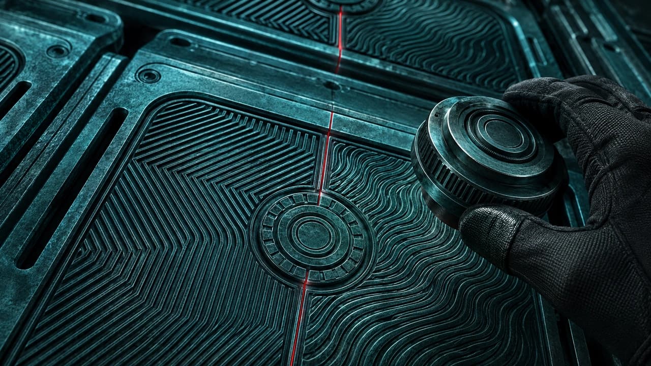Dark abstract extreme close-up of a rack of engraved teal metal cache plates each stamped with a circular approval seal, the foreground plate carrying two mismatched ridge patterns joined by a thin glowing red seam directly under its seal, a gloved hand at the lower right lifting the seal press