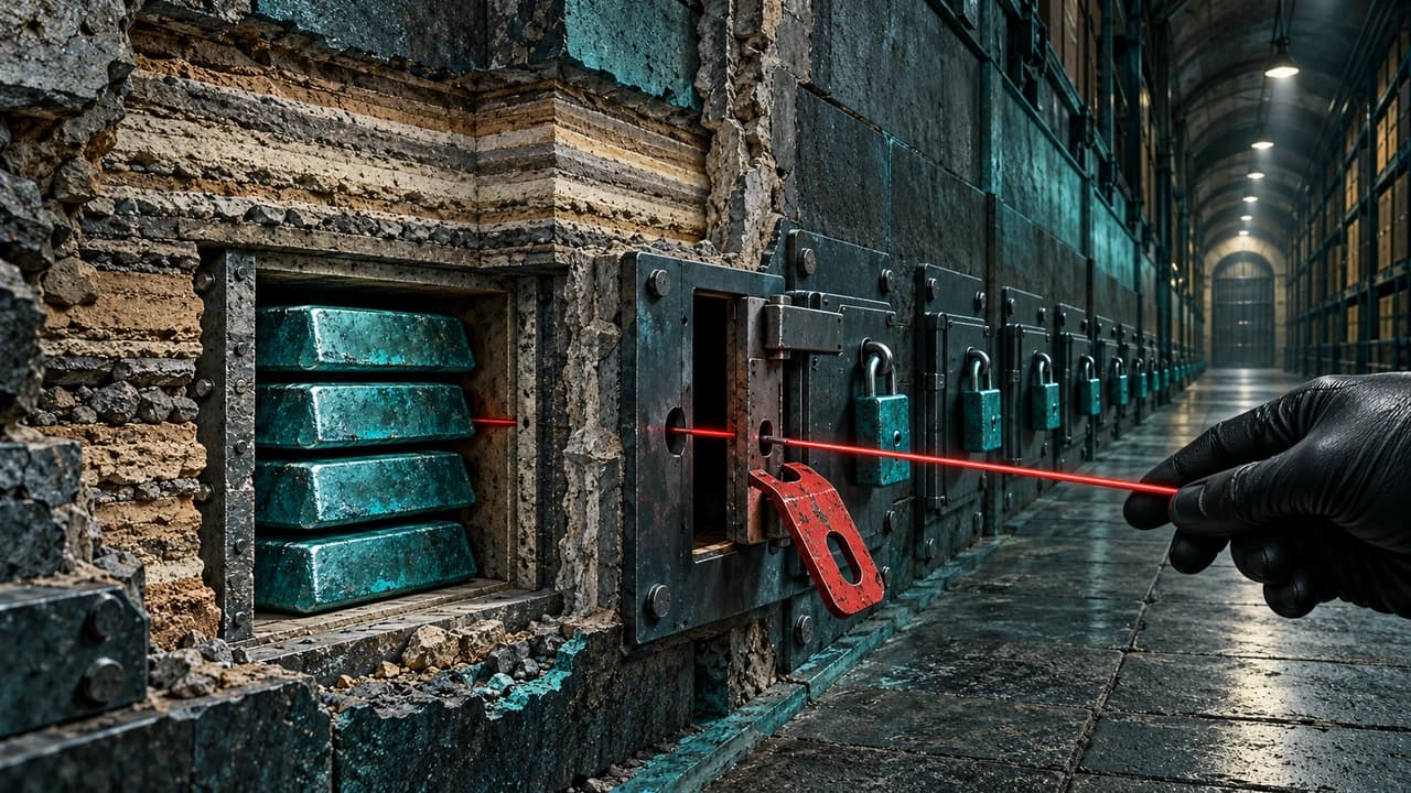Cutaway of an old vault wall with four teal ingots sealed under bands of dust, a row of padlocked hatches, and one hatch with an empty hasp where a gloved hand pushes a red probe inside