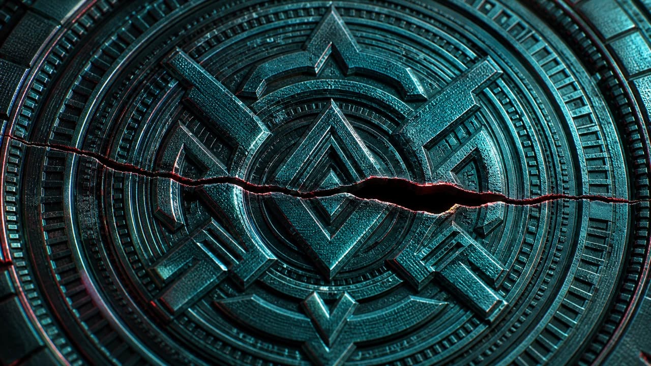Dark abstract extreme close-up of a struck teal metal token whose deep embossed concentric seal is split by a hairline red-lit fracture, through which the interior shows hollow, a sanctioned mark backed by an empty core