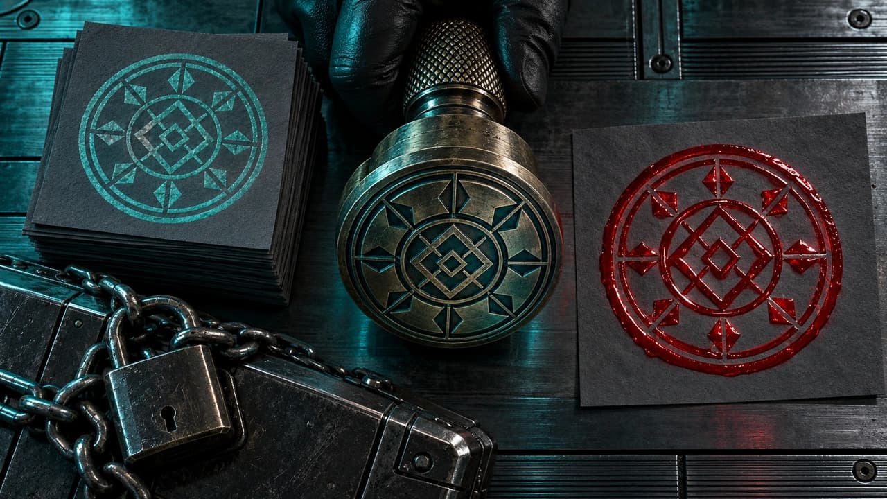 Top-down view of a dark steel desk where a gloved hand grips an engraved signet stamp beside a stack of teal-stamped slips, one separate slip bearing the same seal in wet red ink, and a chained strongbox left shut