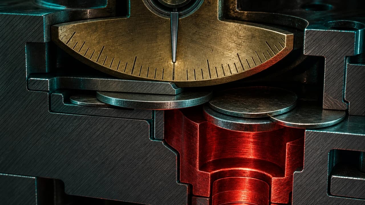 Dark industrial cutaway: a brass calibration gauge reading true above a coin die cut deeper than its reference seat, thicker struck blanks spilling out and overlapping a thin reference token