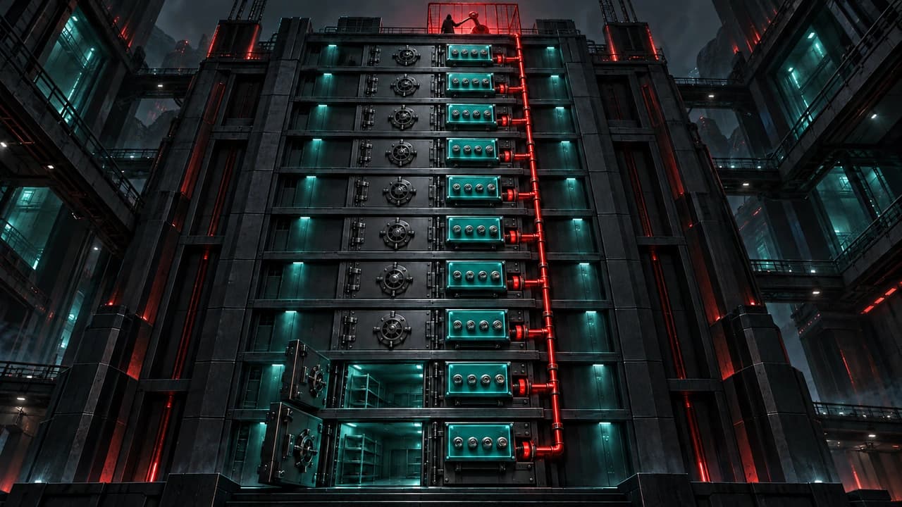 A dark teal vault tower rising into shadow, each floor's door fitted with its own lock, while red conduits from a rooftop lever held by a hooded figure run down the facade and bypass every lock.