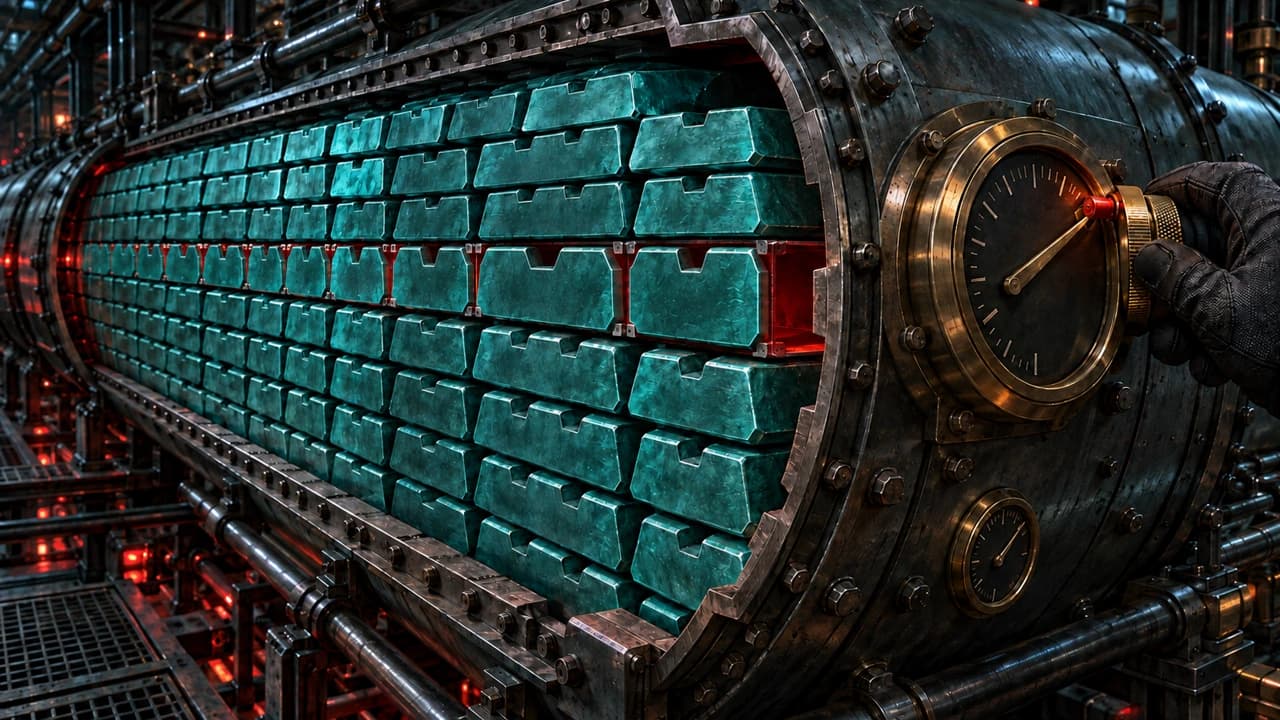 Cutaway of a machined reserve vessel packed with teal ingots, one band of which is a hollow facade behind flush faces, while a gloved hand widens the red end-stop on its gauge
