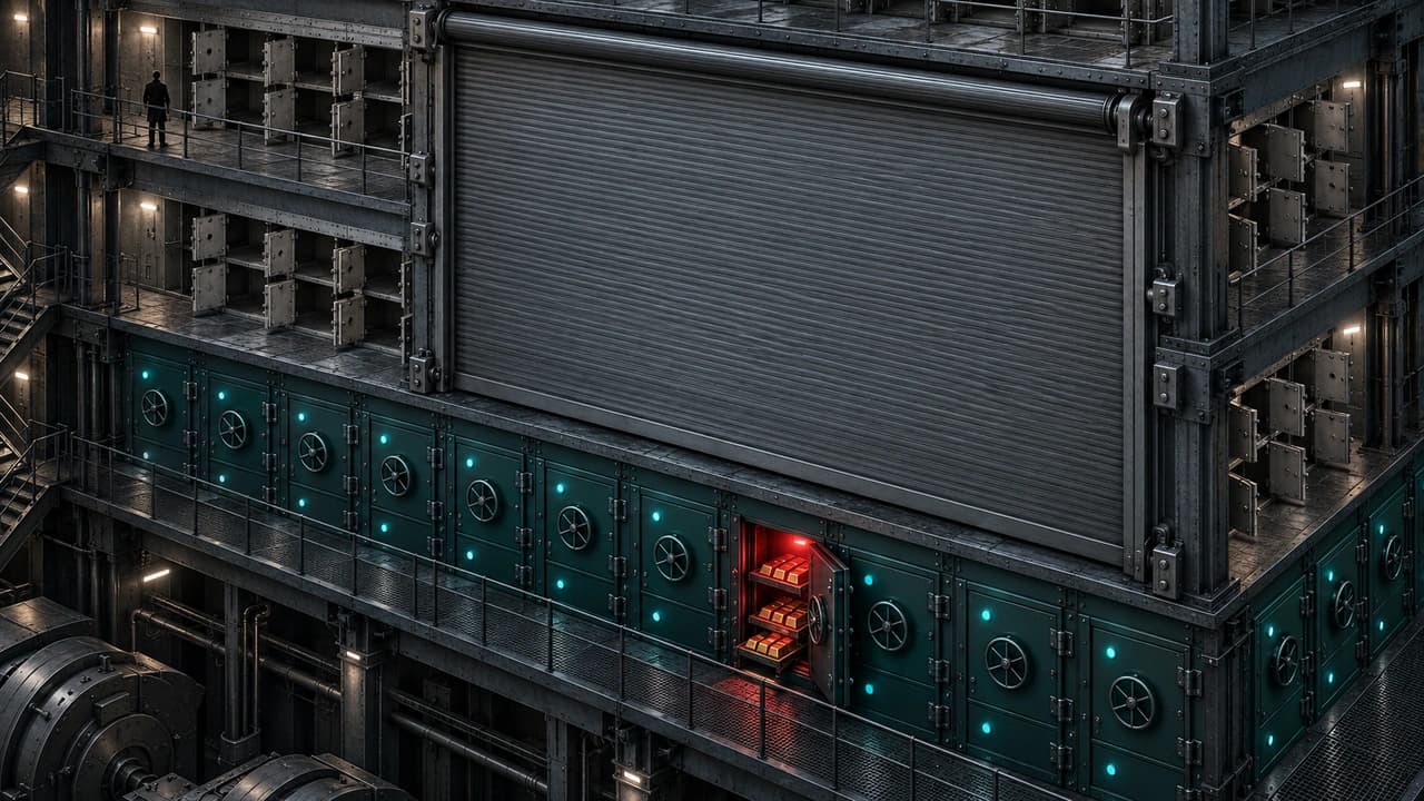 Dark isometric illustration of a three-tier vault seen from a raised corner, the two upper tiers gutted with their cell doors swung open and studs dark behind a drawn roll-down shutter that stops above the packed teal lower tier, where one forced cell burns red with its trays pulled out
