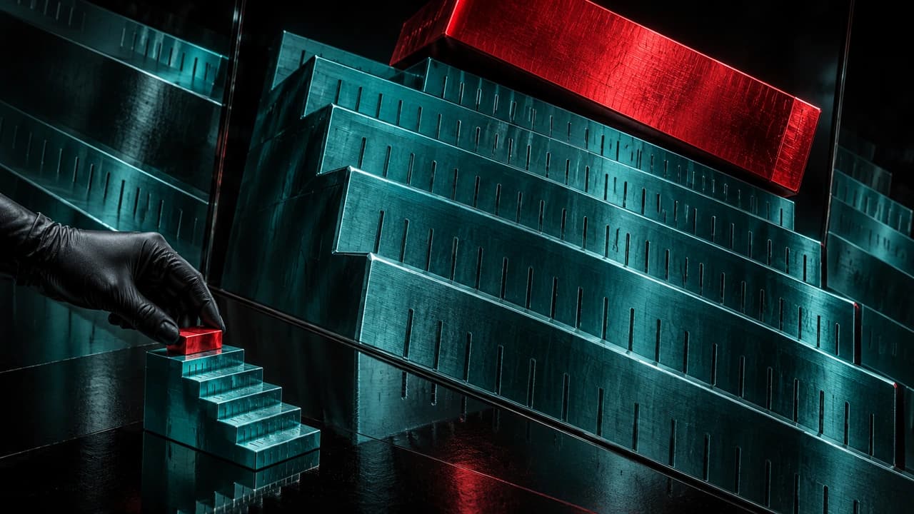 A gloved hand sets a tiny red block on a small teal staircase of price levels, while a giant mirrored copy of the staircase behind it shows the same block as a colossal red slab tipping the whole structure