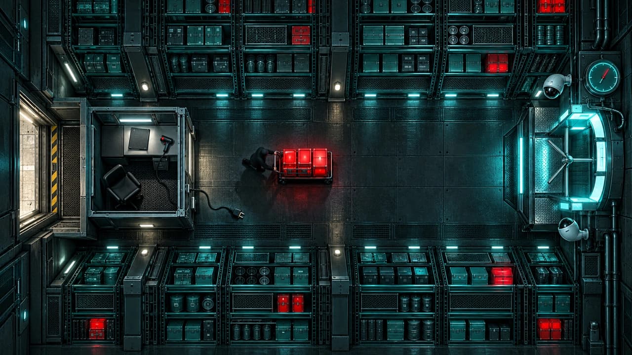 Top-down view of a dark vault hall: a guarded teal turnstile at the exit, while a figure wheels red crates past an unstaffed inspection booth with its scanner unplugged at the entrance