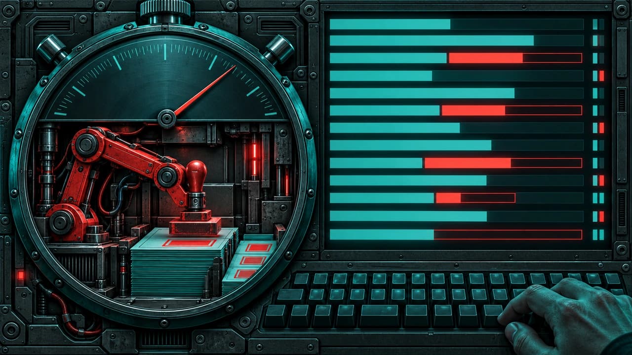 Cutaway of a teal stopwatch-style performance gauge on a trading terminal, revealing a red mechanical arm inside pressing a signing seal onto a stack of order tickets while a trader's hand rests on the keyboard
