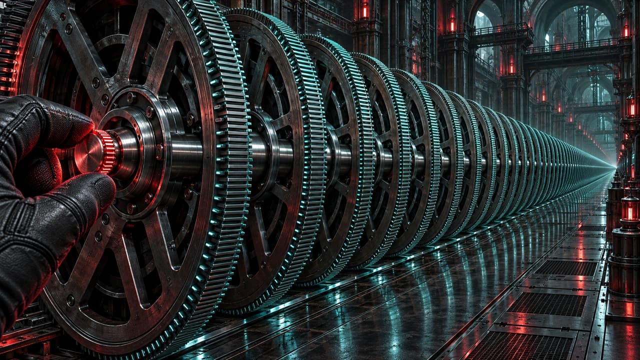 A dark hall of giant notched tumbler wheels receding into the distance, all pierced by one steel axle that ends in a tiny red-lit knob turned by a gloved hand