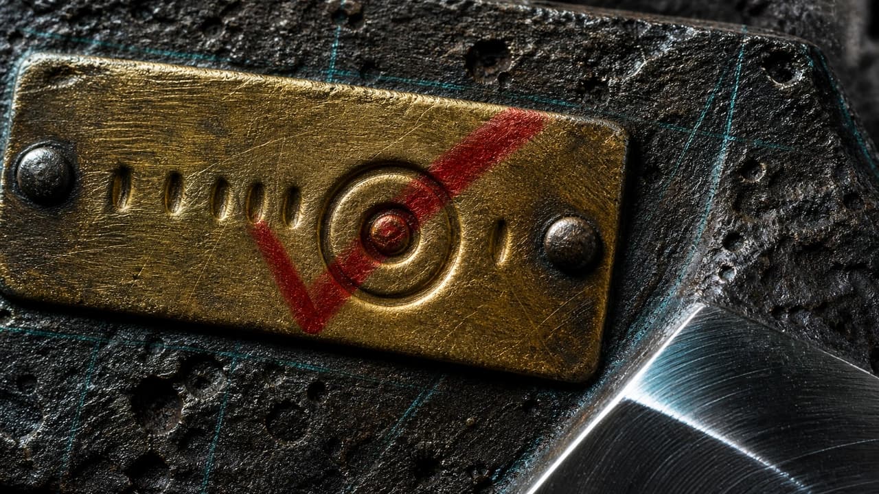 Macro close-up of a small brass tag riveted to rough unmachined cast iron, marked with a circular inspection punch struck into the tag itself and a red grease-pencil check, beside faint teal scribe lines and a polished machined corner of a neighbouring part