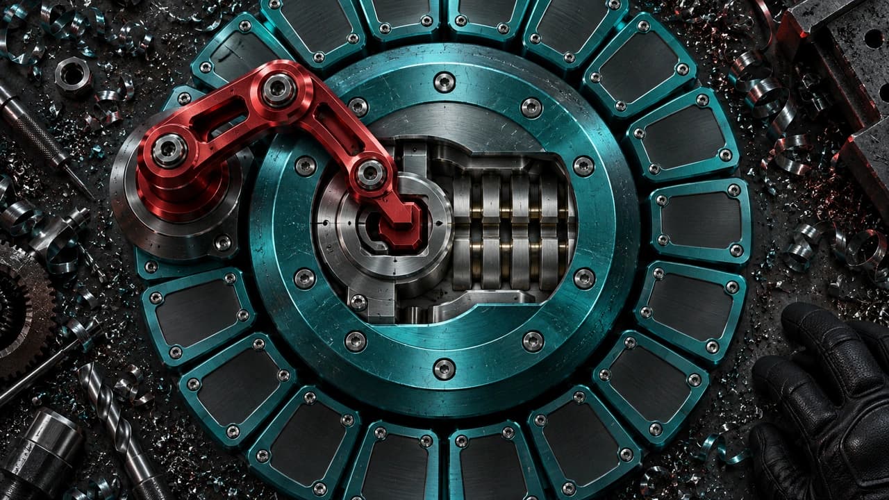 Dark top-down view of a heavy machined teal disc-lock on a steel bench, a red articulated arm curving out of the lock's own casing and seating its tip into the lock's own keyway with the tumblers beneath rotated open, ringed by small dark approval plates, a gloved hand cropping in at the lower right