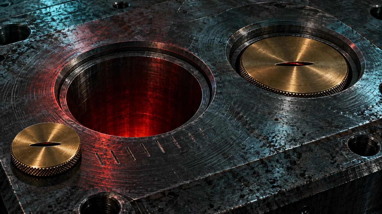 Dark machined steel plate with two identical bores, one fitted with a brass stop ring narrowing it to a thin slot, the other standing wide open with its matching ring lying loose on the plate beside it