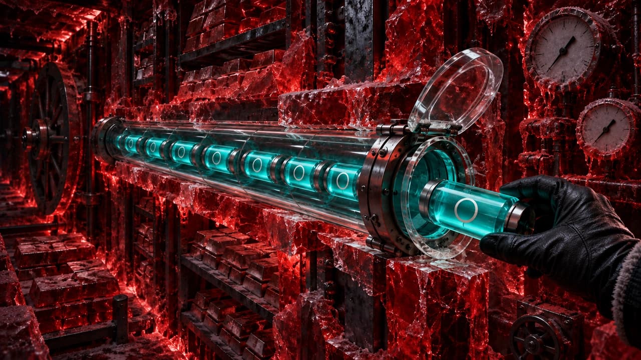 Cutaway of a vault frozen solid in red ice, with one clear teal pneumatic tube running through it holding eight sealed capsules, and a gloved hand lifting the first capsule out of the open hatch