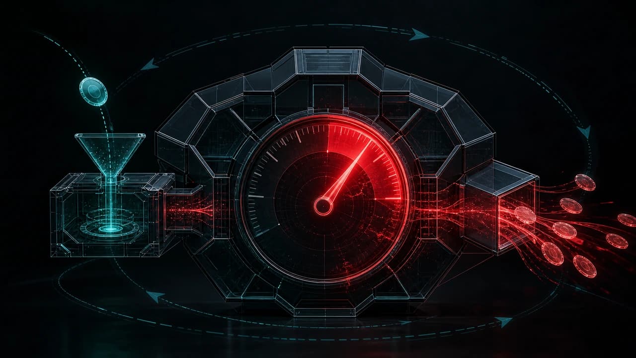 Abstract illustration of a DeFi vault: an external glowing token dropped into a side strategy module inflates a red share-price gauge past its safe band while value siphons out through a redemption channel, over dark teal circuitry.